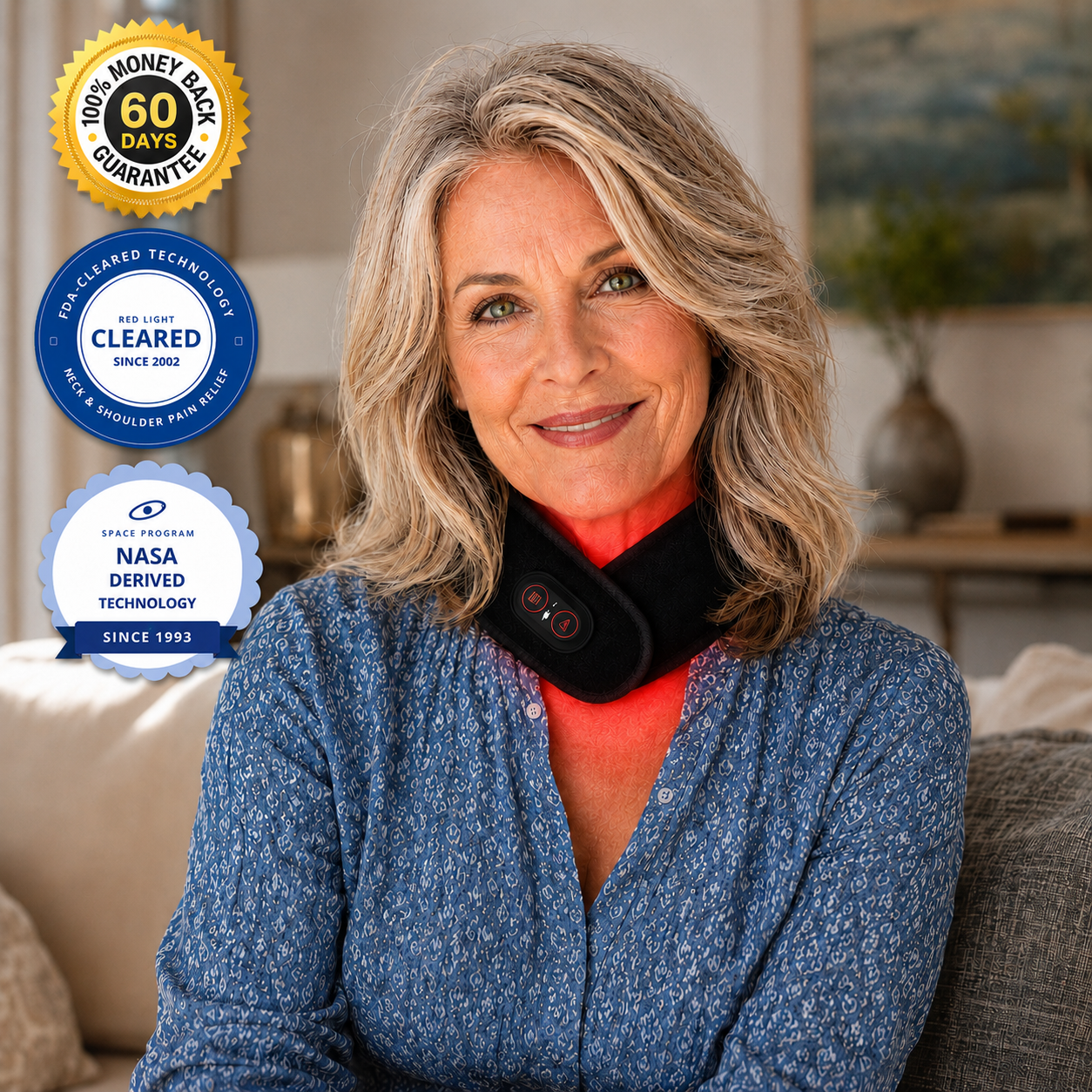 Woman wearing Relixa R1™ RedLight neck device with guarantee and technology badges